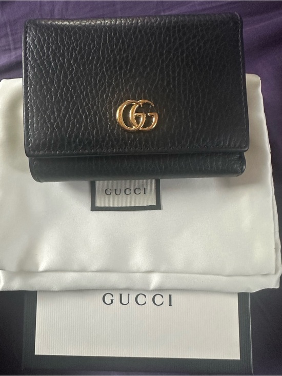Gucci Handbags - Gucci Marmont Black Pebbled  Leather Compact Wallet with Gold Double G